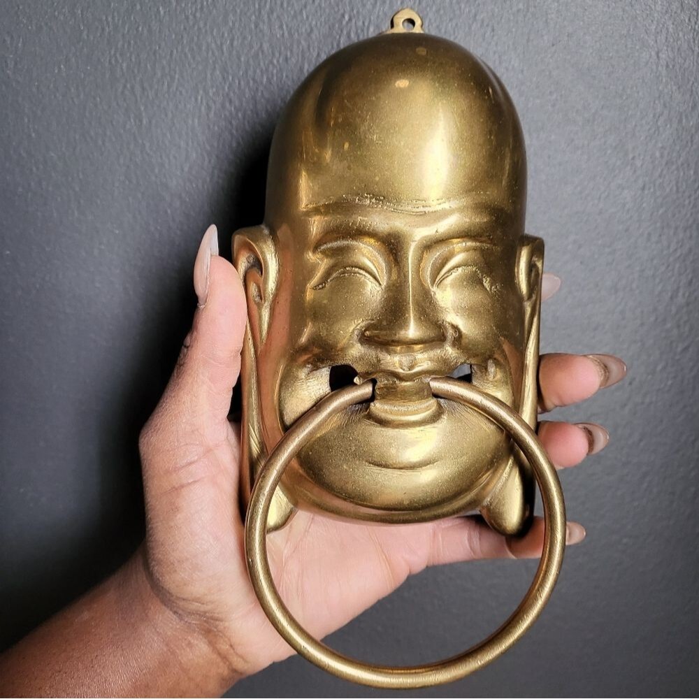 Vintage Large Brass Asian Confucius Man Head Door Knocker
